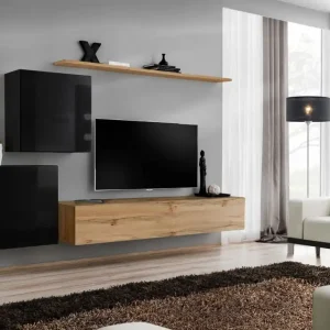 Direkt Vom Hersteller Wohnwand im stylischen Design Balestrand 78, Farbe: Schwarz / Eiche Wotan - Abmessungen: 150 x 250 x 40 cm (H x B x T), mit Push-to-open Funktion