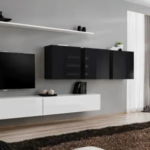 Wohnwand im schlichten Design Balestrand 101, Farbe: Weiß / Schwarz - Abmessungen: 150 x 340 x 40 cm (H x B x T), mit acht Fächern Markenware