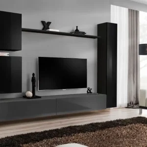 Wohnwand Balestrand 122, Farbe: Schwarz / Grau - Abmessungen: 180 x 280 x 40 cm (H x B x T), mit 16 Fächern Angebot