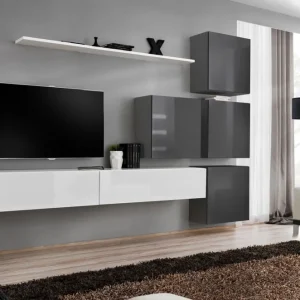 Wohnwand im eleganten Design Balestrand 135, Farbe: Weiß / Grau - Abmessungen: 200 x 310 x 40 cm (H x B x T), mit 12 Fächern Sale