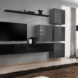 Must-Have Außergewöhnliche Wohnwand Balestrand 138, Farbe: Schwarz / Grau - Abmessungen: 200 x 310 x 40 cm (H x B x T), mit 12 Fächern