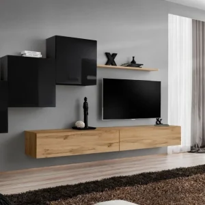 Wohnwand im außergewöhnlichen Design Balestrand 158, Farbe: Schwarz / Eiche Wotan - Abmessungen: 150 x 330 x 40 cm (H x B x T), mit Push-to-open Funktion Top-Seller