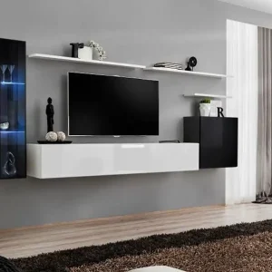 Sonderangebot Wohnwand im modernen Design Balestrand 166, Farbe: Schwarz / Weiß - Abmessungen: 160 x 330 x 40 cm (H x B x T), mit Push-to-open Funktion