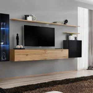 Wohnwand im außergewöhnlichen Design Balestrand 174, Farbe: Schwarz / Eiche Wotan - Abmessungen: 160 x 330 x 40 cm (H x B x T), mit genügend Stauraum Bestpreis