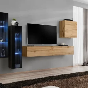 Stylische Wohnwand Balestrand 206, Farbe: Schwarz / Eiche Wotan - Abmessungen: 160 x 330 x 40 cm (H x B x T), mit LED-Beleuchtung Jetzt Kaufen