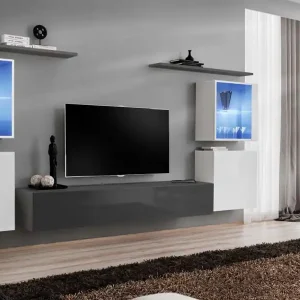 Gratis Versand Wohnwand im eleganten Design Balestrand 215, Farbe: Weiß / Grau - Abmessungen: 160 x 320 x 40 cm (H x B x T), mit genügend Stauraum