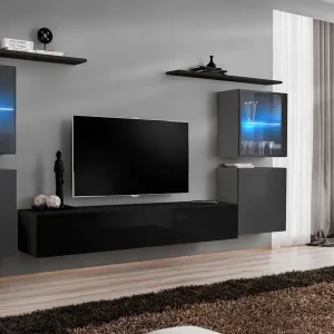 Garantierte Lieferung Wohnwand im stylischen Design Balestrand 217, Farbe: Grau / Schwarz - Abmessungen: 160 x 320 x 40 cm (H x B x T), mit Push-to-open Funktion