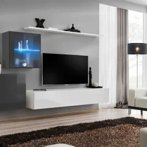 Außergewöhnliche Wohnwand Balestrand 232, Farbe: Grau / Weiß - Abmessungen: 150 x 250 x 40 cm (H x B x T), mit genügend Stauraum Schnäppchen