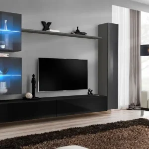 Preiswert Wohnwand im außergewöhnlichen Design Balestrand 281, Farbe: Grau / Schwarz - Abmessungen: 180 x 280 x 40 cm (H x B x T), mit Push-to-open Funktion