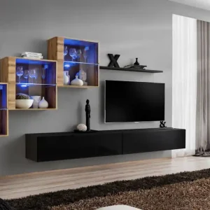 Direkt Vom Hersteller Wohnwand mit LED-Beleuchtung Balestrand 317, Farbe: Eiche Wotan / Schwarz - Abmessungen: 150 x 330 x 40 cm (H x B x T), mit acht Fächern