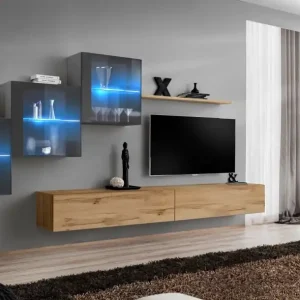 Wohnwand im edlen Design Balestrand 320, Farbe: Grau / Eiche Wotan - Abmessungen: 150 x 330 x 40 cm (H x B x T), mit LED-Beleuchtung Preisknaller