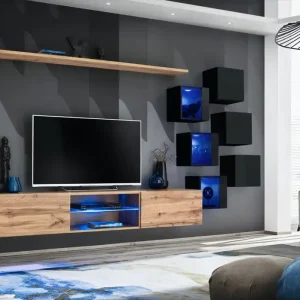 Sofort Bestellen Wohnwand im eleganten Design Volleberg 13, Farbe: Eiche Wotan / Schwarz - Abmessungen: 140 x 260 x 40 cm (H x B x T), mit blauer LED-Beleuchtung