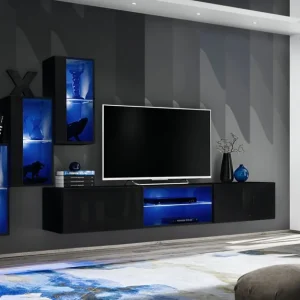 Dunkle Wohnwand Volleberg 18, Farbe: Schwarz - Abmessungen: 120 x 210 x 40 cm (H x B x T), mit genügend Stauraum Ausverkauf