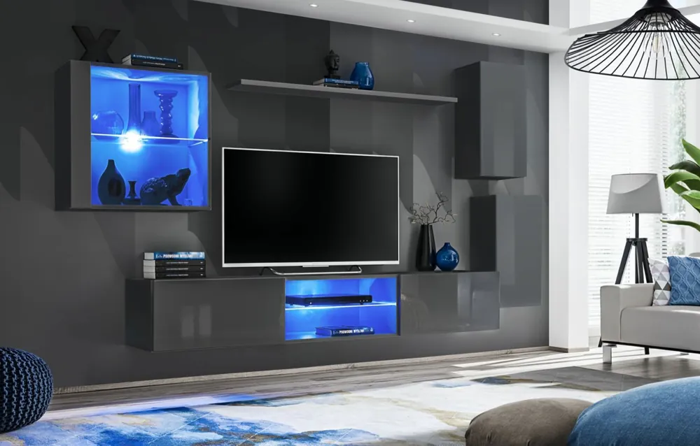 Kracherpreis Wohnwand mit genügend Stauraum Volleberg 35, Farbe: Grau - Abmessungen: 140 x 250 x 40 cm (H x B x T), mit Push-to-open Funktion