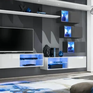 Bestpreis Stylische Wohnwand Volleberg 55, Farbe: Weiß / Grau - Abmessungen: 150 x 250 x 40 cm (H x B x T), mit genügend Stauraum