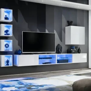 Gratis Versand Wohnwand mit Push-to-open Funktion Volleberg 81, Farbe: Weiß - Abmessungen: 150 x 320 x 40 cm (H x B x T), mit acht Türen