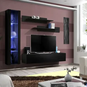 Wohnzimmer Wohnwand mit blauer LED-Beleuchtung Hompland 68, Farbe: Schwarz - Abmessungen: 170 x 210 x 40 cm (H x B x T), mit einer Hängevitrine Sichere Zahlung