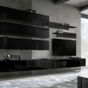 Hängende Wohnwand Hompland 100, Farbe: Schwarz - Abmessungen: 180 x 320 x 40 cm (H x B x T), mit Push-to-open Funktion Versand Am Gleichen Tag