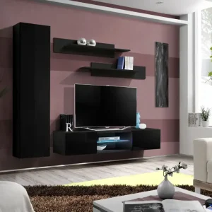 Preisknaller Wohnwand mit blauer LED-Beleuchtung Hompland 176, Farbe: Schwarz - Abmessungen: 170 x 210 x 40 cm (H x B x T), mit zwei Wandregale