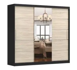 2,3 Meter breiter Schiebetürenschrank / Kleiderschrank mit Spiegel | Eiche / Schwarz | Gorski 54 | 218 x 233 x 61 cm | 2 Türen | 12 Fächer | eckig Expressversand