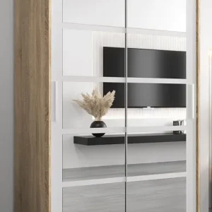 Schiebetürenschrank / Kleiderschrank Aizkorri 02B mit Spiegel, Farbe: Eiche Sonoma / Weiß matt - Abmessungen: 200 x 120 x 62 cm (H x B x T) Expressversand