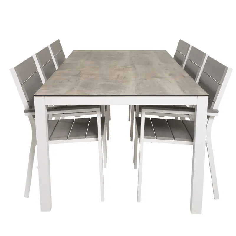 Zertifiziert VENTURE DESIGN Gartenset, mit Llama-Tisch (205x100) und 6 Levels-Stühlen, mit Armlehnen - Laminat/Alu/Aintwood