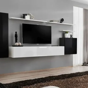 Wohnwand im eleganten Design Balestrand 06, Farbe: Schwarz / Weiß - Abmessungen: 160 x 330 x 40 cm (H x B x T), mit Push-to-open Funktion Billig