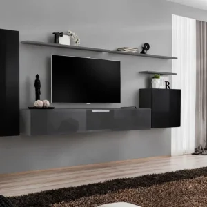 Begrenztes Angebot Stylische Wohnwand Balestrand 10, Farbe: Schwarz / Grau - Abmessungen: 160 x 330 x 40 cm (H x B x T)