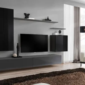 Online Kaufen Wohnwand mit Push-to-open Funktion Balestrand 26, Farbe: Schwarz / Grau - Abmessungen: 160 x 270 x 40 cm (H x B x T), mit fünf Türen