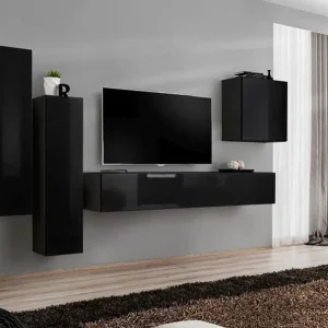 Elegante Wohnwand Balestrand 34, Farbe: Schwarz - Abmessungen: 160 x 330 x 40 cm (H x B x T), mit fünf Fächern Preiswert