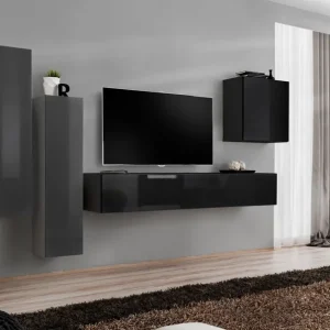 Elegante Wohnwand Balestrand 41, Farbe: Grau / Schwarz - Abmessungen: 160 x 330 x 40 cm (H x B x T), mit Push-to-open Funktion Expressversand