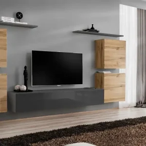 Elegante Wohnwand Balestrand 63, Farbe: Eiche Wotan / Grau - Abmessungen: 150 x 320 x 40 cm (H x B x T), mit genügend Stauraum Schnäppchen