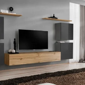 Rabatt Wohnwand im schlichten Design Balestrand 64, Farbe: Grau / Eiche Wotan - Abmessungen: 150 x 320 x 40 cm (H x B x T), mit 11 Fächern