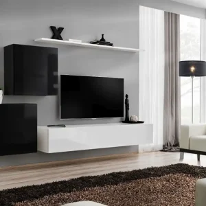 Stylische Wohnwand Balestrand 70, Farbe: Schwarz / Weiß - Abmessungen: 150 x 250 x 40 cm (H x B x T), mit genügend Stauraum Top-Preis