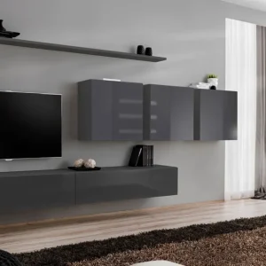 Wohnwand im eleganten Design Balestrand 99, Farbe: Grau - Abmessungen: 150 x 340 x 40 cm (H x B x T), mit Push-to-open Funktion Sonderangebot