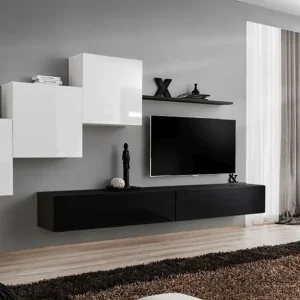 Solange Der Vorrat Reicht Wohnwand Balestrand 149, Farbe: Weiß / Schwarz - Abmessungen: 150 x 330 x 40 cm (H x B x T), mit fünf Türen