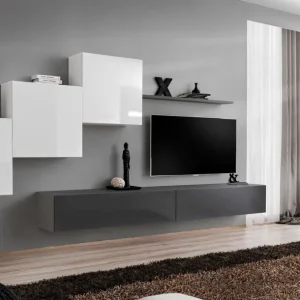 Neuheit Wohnwand im eleganten Design Balestrand 151, Farbe: Weiß / Grau - Abmessungen: 150 x 330 x 40 cm (H x B x T), mit genügend Stauraum