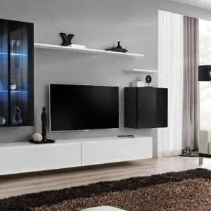 Wohnwand im eleganten Design Balestrand 182, Farbe: Schwarz / Weiß - Abmessungen: 160 x 270 x 40 cm (H x B x T), mit LED-Beleuchtung Geprüft