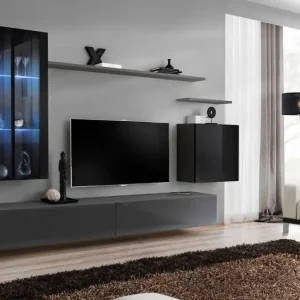 Abverkauf Elegante Wohnwand mit LED-Beleuchtung Balestrand 186, Farbe: Schwarz / Grau - Abmessungen: 160 x 270 x 40 cm (H x B x T), mit Push-to-open Funktion