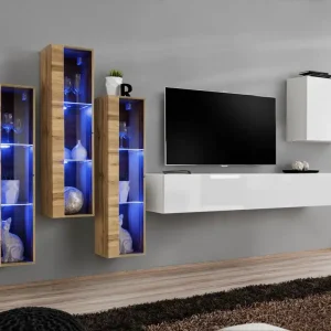 Kostenfreie Lieferung Wohnwand Balestrand 203, Farbe: Eiche Wotan / Weiß - Abmessungen: 160 x 330 x 40 cm (H x B x T), mit 14 Fächern