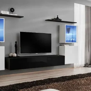 Wohnwand im modernen Stil Balestrand 213, Farbe: Weiß / Schwarz - Abmessungen: 160 x 320 x 40 cm (H x B x T), mit fünf Türen und 11 Fächern Knallerangebot