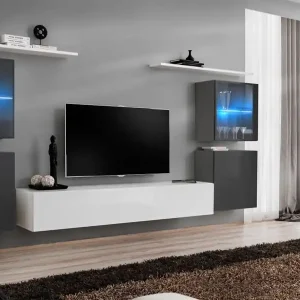 Markenprodukt Stylische Wohnwand Balestrand 216, Farbe: Grau / Weiß - Abmessungen: 160 x 320 x 40 cm (H x B x T), mit LED-Beleuchtung