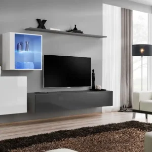 Top-Angebot Wohnwand im eleganten Design Balestrand 231, Farbe: Weiß / Grau - Abmessungen: 150 x 250 x 40 cm (H x B x T), mit sieben Fächern