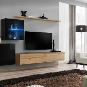 Stylische Wohnwand Balestrand 238, Farbe: Schwarz / Eiche Wotan - Abmessungen: 150 x 250 x 40 cm (H x B x T), mit sieben Fächern Schnäppchen