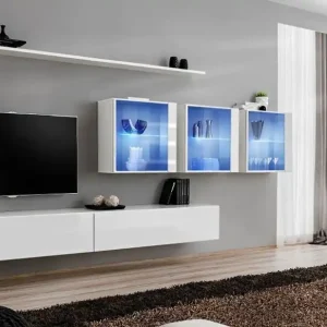 Abverkauf Schlichte Wohnwand Balestrand 257, Farbe: Weiß - Abmessungen: 150 x 340 x 40 cm (H x B x T), mit 10 Fächern