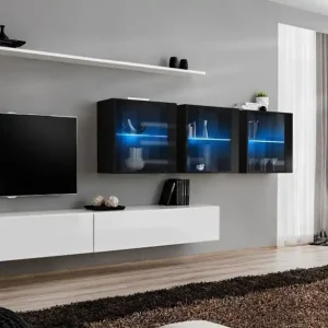 Wohnwand im modernen Design Balestrand 261, Farbe: Weiß / Schwarz - Abmessungen: 150 x 340 x 40 cm (H x B x T), mit LED-Beleuchtung Beliebt