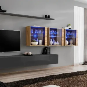 Wohnwand mit genügend Stauraum Balestrand 272, Farbe: Grau / Eiche Wotan - Abmessungen: 150 x 340 x 40 cm (H x B x T), mit LED-Beleuchtung Bestseller