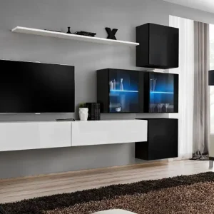 Zertifiziert Elegante Wohnwand Balestrand 293, Farbe: Weiß / Schwarz - Abmessungen: 200 x 310 x 40 cm (H x B x T), mit genügend Stauraum