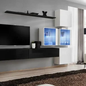 Wohnwand im eleganten Design Balestrand 294, Farbe: Schwarz / Weiß - Abmessungen: 200 x 310 x 40 cm (H x B x T), mit 10 Fächern Zertifiziert