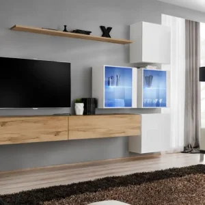 Wohnwand im edlen Design Balestrand 299, Farbe: Eiche Wotan / Weiß - Abmessungen: 200 x 310 x 40 cm (H x B x T), mit 10 Fächern Preiswert